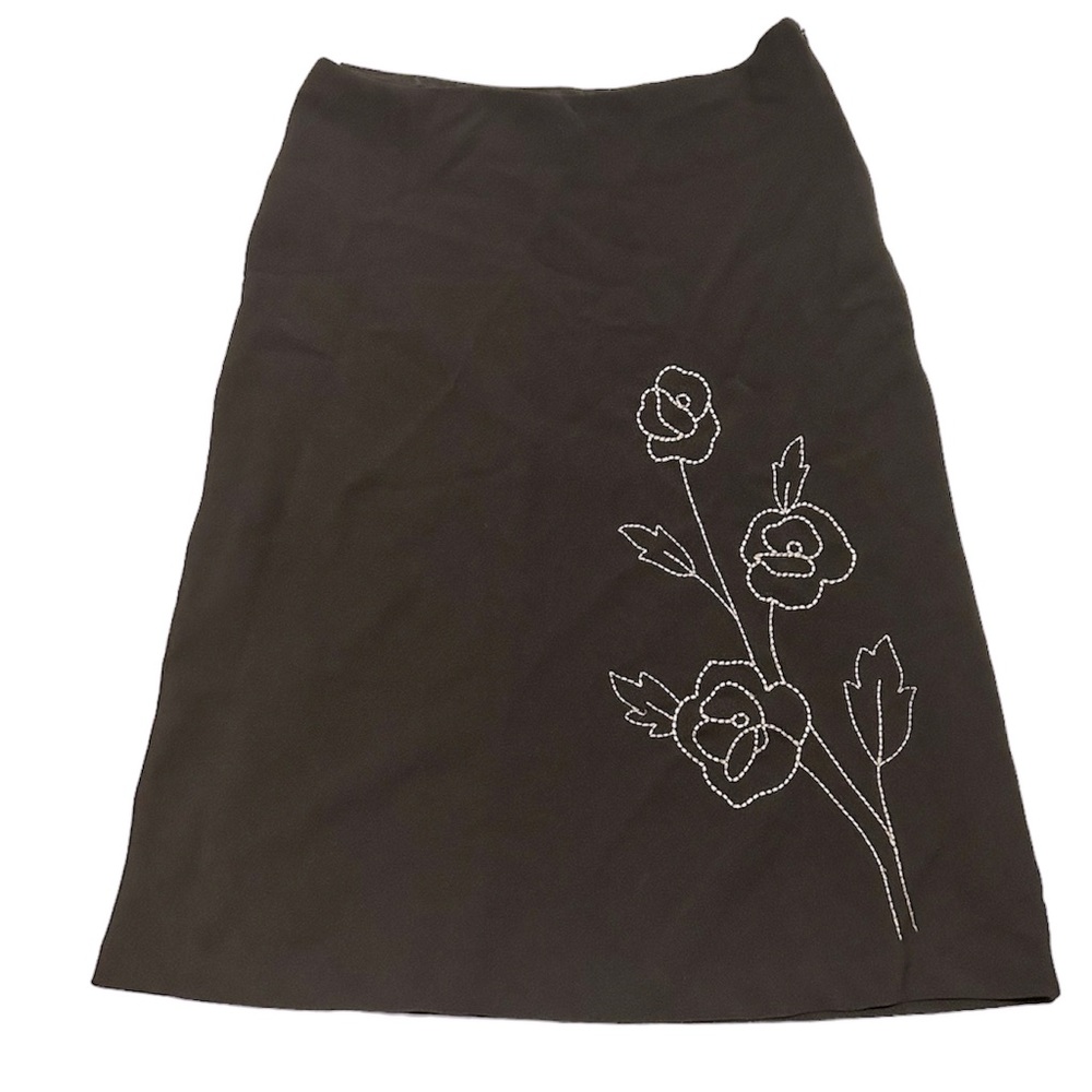 A-Line Brown Embroidered Floral Midi Skirt